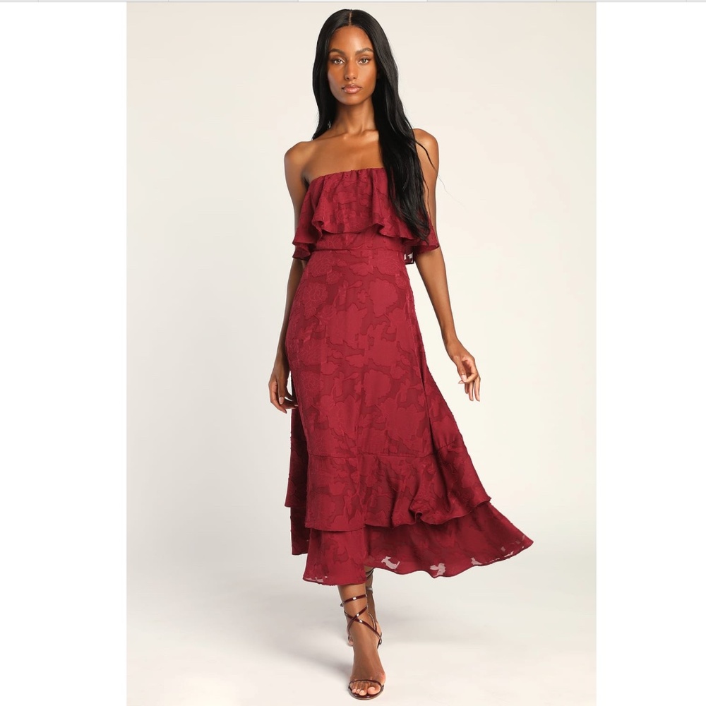 LULUS: Love You So Truly Burgundy Burnout Floral Strapless Midi Dress (NWT)